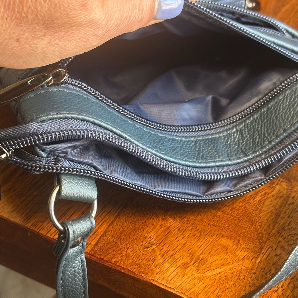 Genuine Leather Navy Crossbody Bag Multi Zip Organizer Travel Purse Small - Picture 7 of 13
